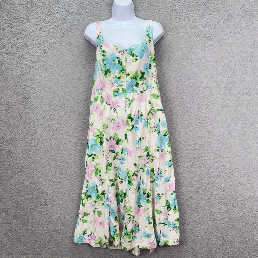 Old Navy Dress Womens L White Blue Floral Linen Blend Midi Dress Smocked Pockets